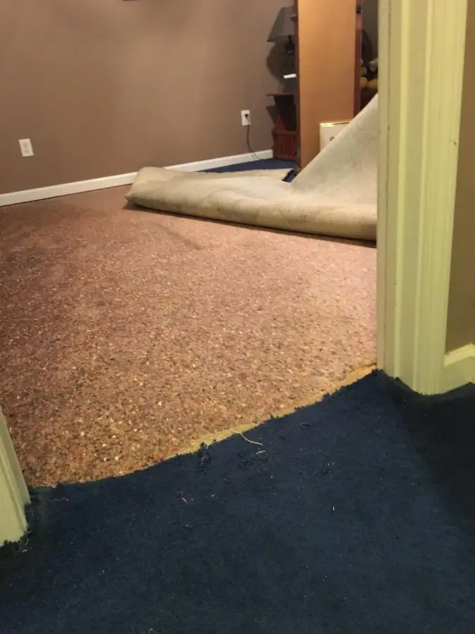 Carpet pad removal revealing water damage during Drying & Dehumidification in Escanaba